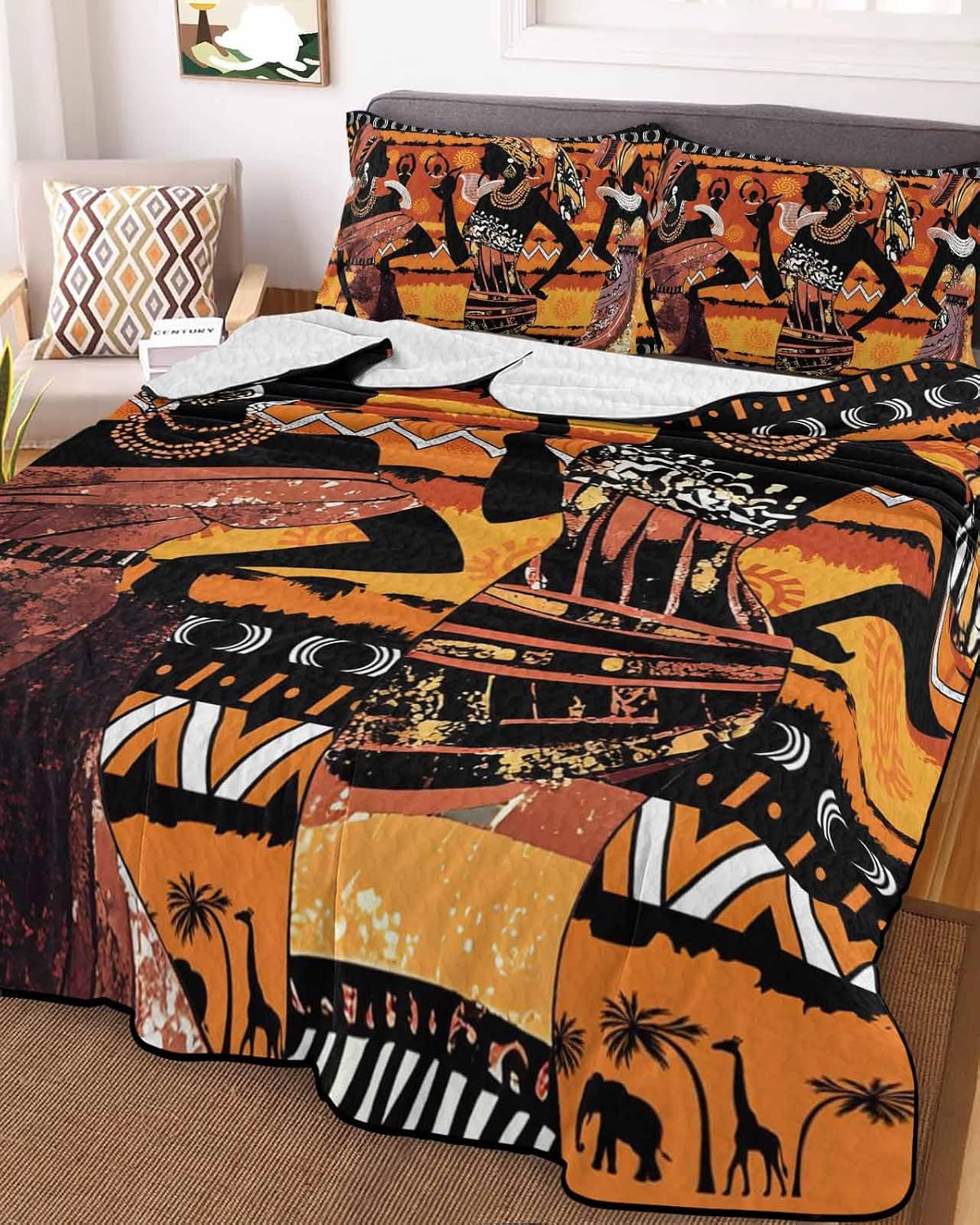 Fall Quilts Twin Size, Lightweight Quilted Coverlet Black Orange Girls Boho Comforter Set for Bed, All Season Bedspreads Vintage Ethnic Tribe Abstract Art Quilt Bedding with 2 Pillowcases 68x86 Inch