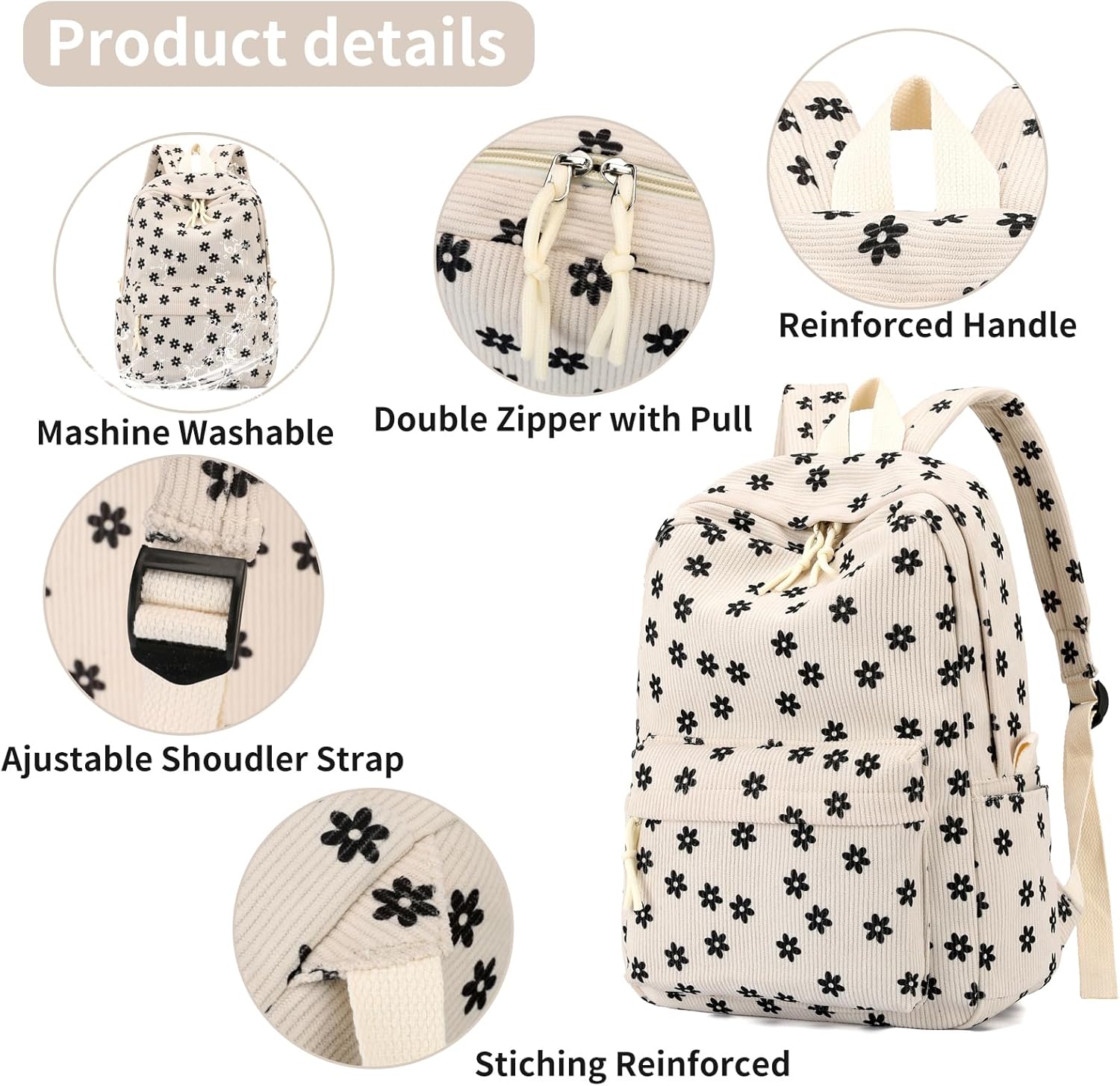 School Backpack for Girls Corduroy Bookbag 16inch Elementary Primary Preschool for Teen Boys Girl Travel Casual Daypacks (Daisy Beige) - Image 3