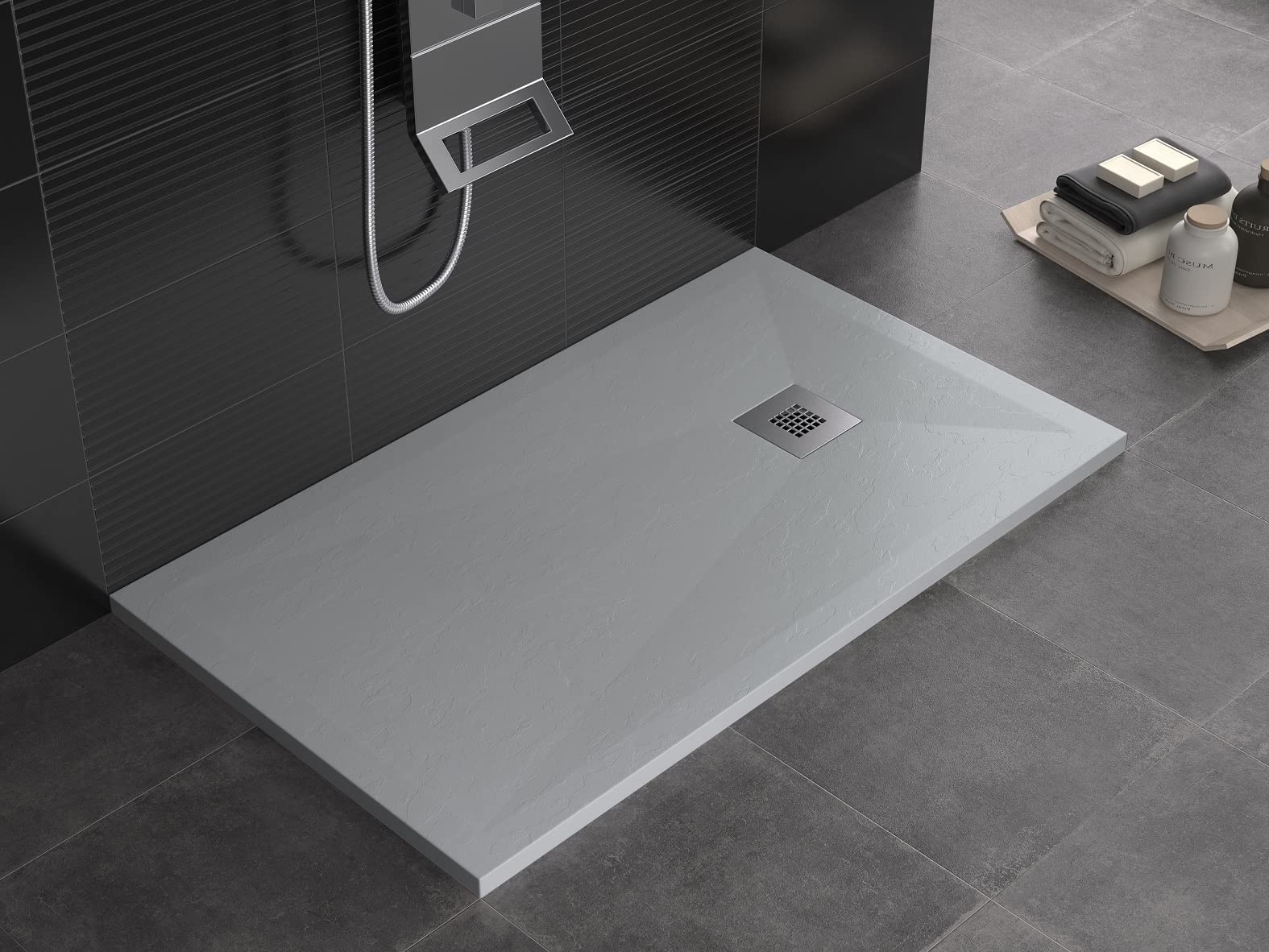 Plato de ducha de mineralmarmol antracita RAL7016 superficie efecto brotado, serie Luna Slim 3 cm, revestimiento de Gelcoat, antideslizante