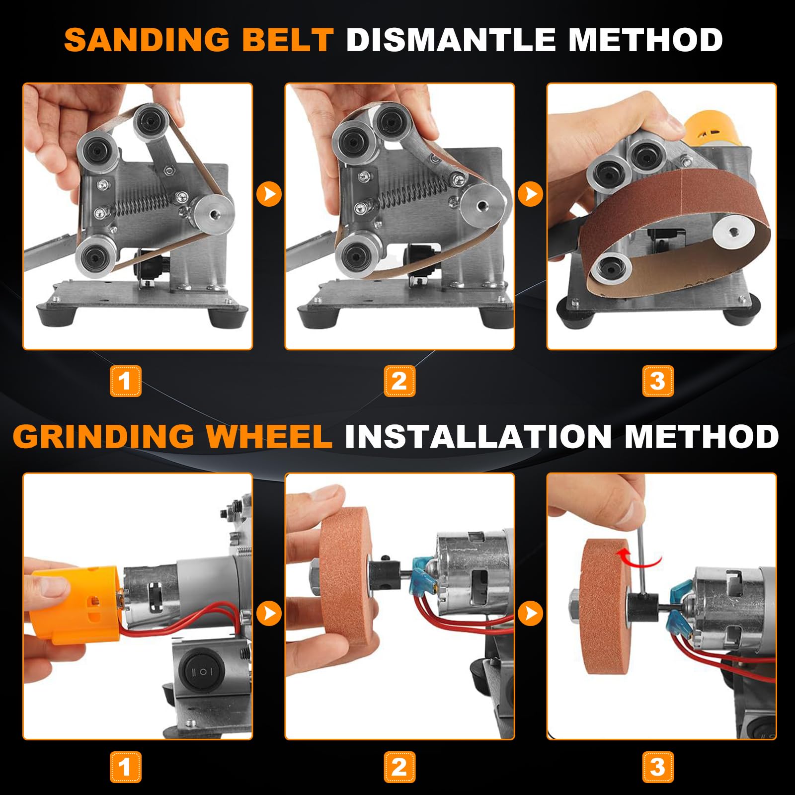 VOBOR Mini Elektrischer Bandschleifer, 7-Stufig Einstellbare Messerschleifer Stationaer mit Schleifbänder Geliefert, Schleifscheibe und Polierscheibe, für Metall Holz DIY Handwerk, & Messerschärfen