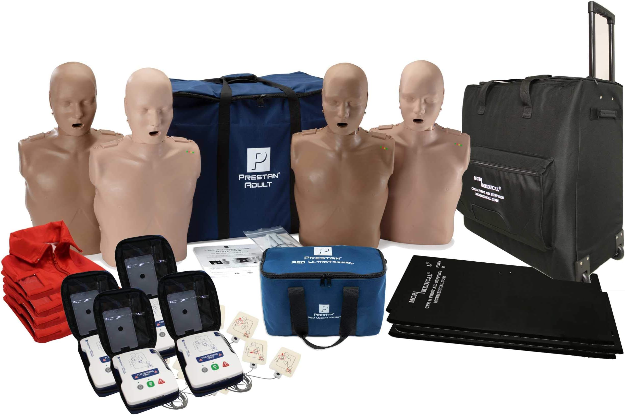Prestan CPR Adult Manikin Diversity Kit Pack of 4 with Feedback, AED UltraTrainers, Carry Bag with Wheels