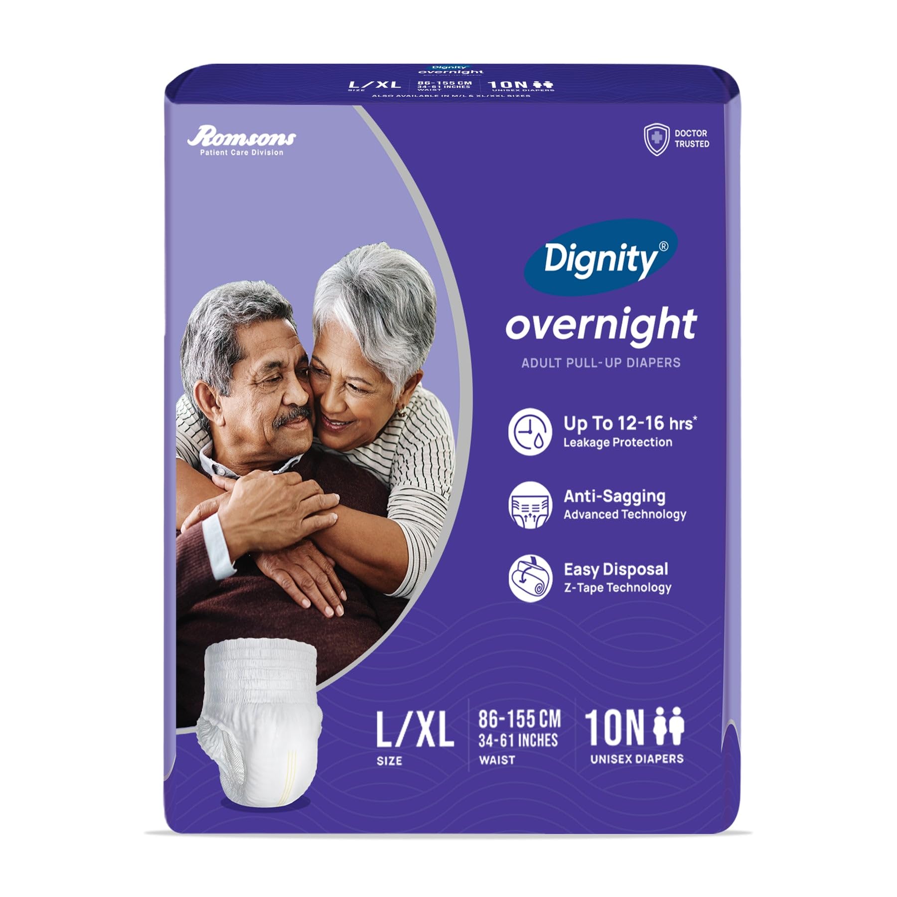 DIGNITY Overnight Pant Style Adult Diapers - L/XL (10 Pieces) With Wetness Indicator and Leakage Protection Upto 12-16 Hrs.