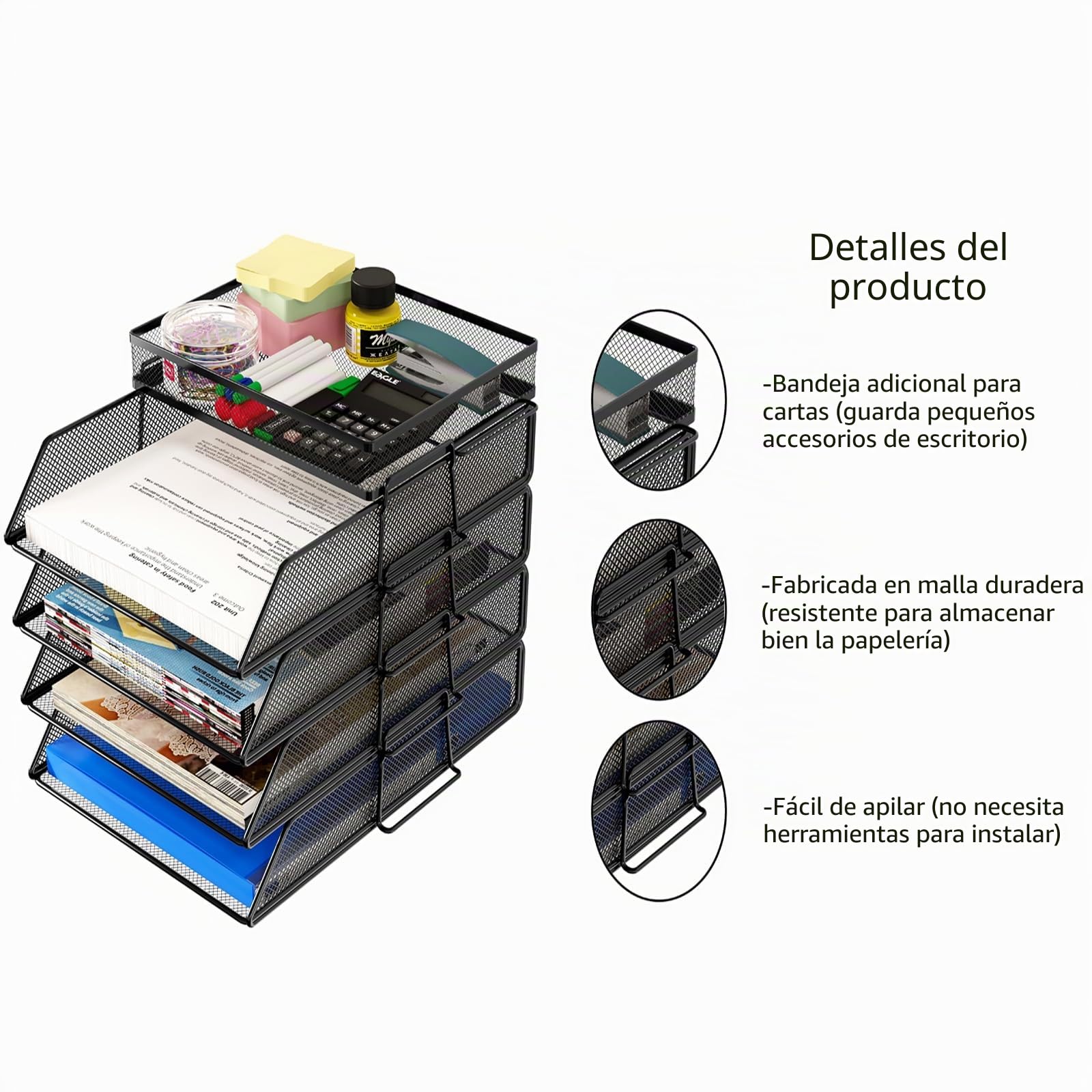TQVAI 4 Niveles Organizador Escritorio Bandejas para Cartas Oficina A4 Papeles, Organizador Documentos Revistero Archivador Material Oficina y Papeleria, Negro