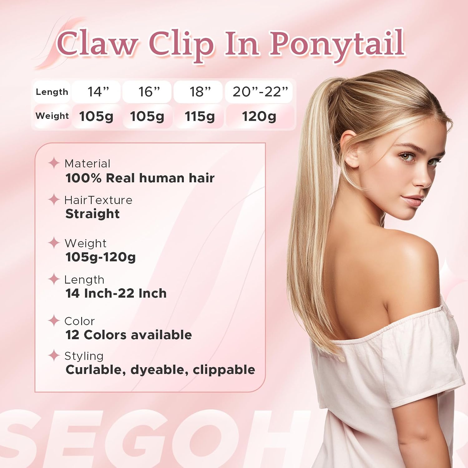 SEGO SEGOHAIR Human Hair Claw Clip Ponytail Extension 100% Real Human Hair Clip-In Extensions for Women Long Straight Pony Tails 14 Inches 105g #18P613 Light Blonde mixed Bleach Blonde