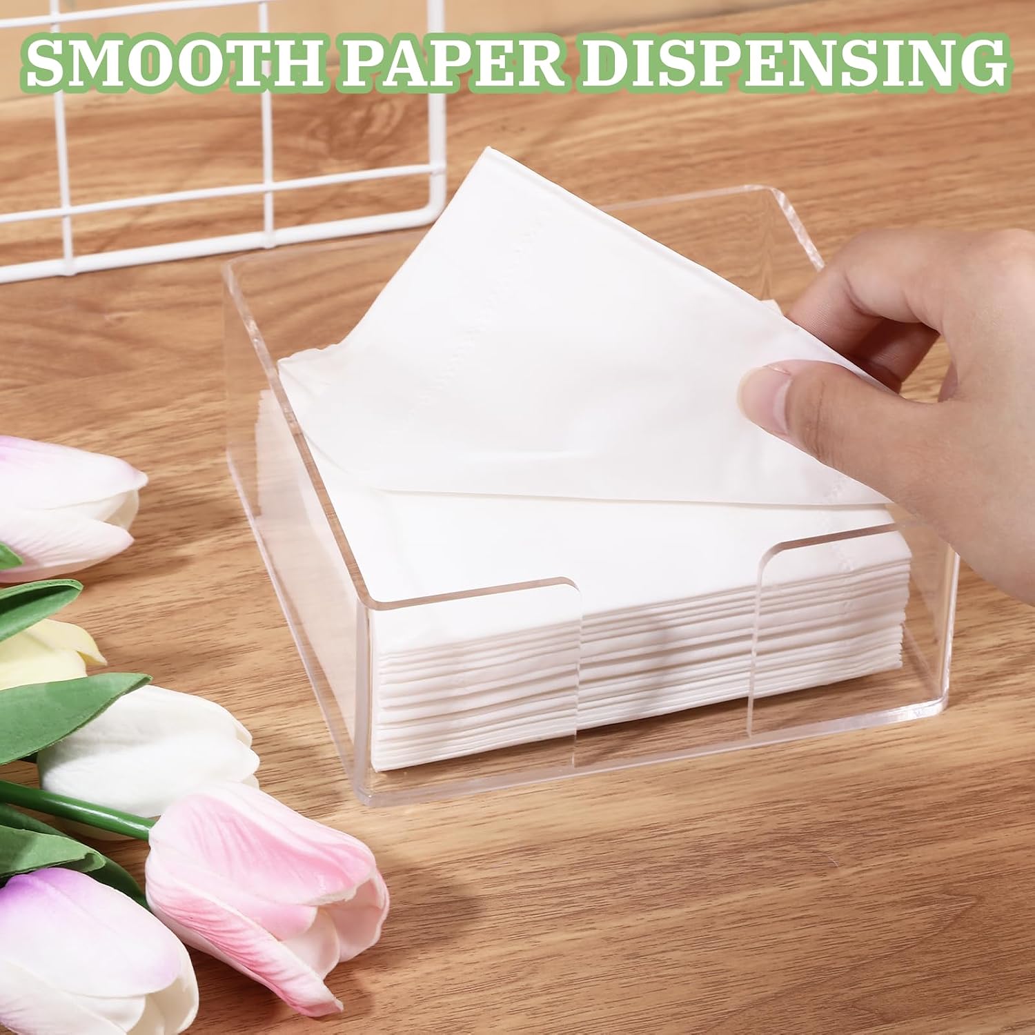 Clear Acrylic Napkin Holder, 5x5 In Square Cocktail Napkin Dispenser with U Shaped Opening, Modern Transparent Paper Caddy Organizer for Kitchen Dining Table Bathroom Bar Office Party