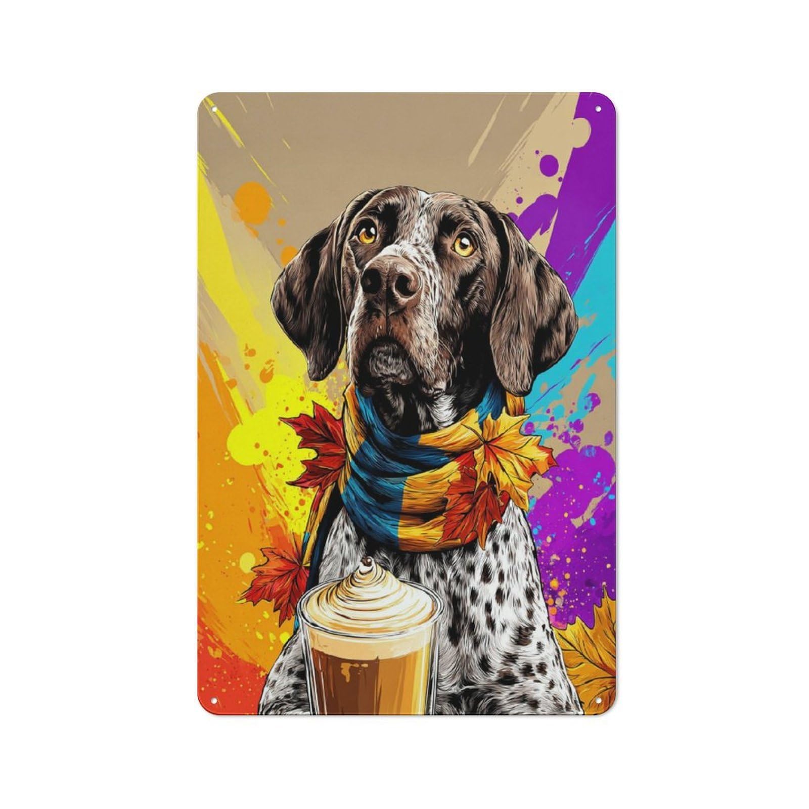 Junmoney Autumnal Pup With Pumpkin Spice Latte Rustic Metal Wall Decor 30X20cm, Rustic Metal Sign For Farmhouse Kitchen, Pantry Or Dining Area