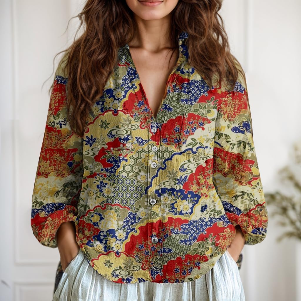 Akivide Women's Ethnic Boho Floral Printed Long Sleeve Tops Oversized Loose Linen Lapel Collared Button Down Blouse Shirt - Image 2