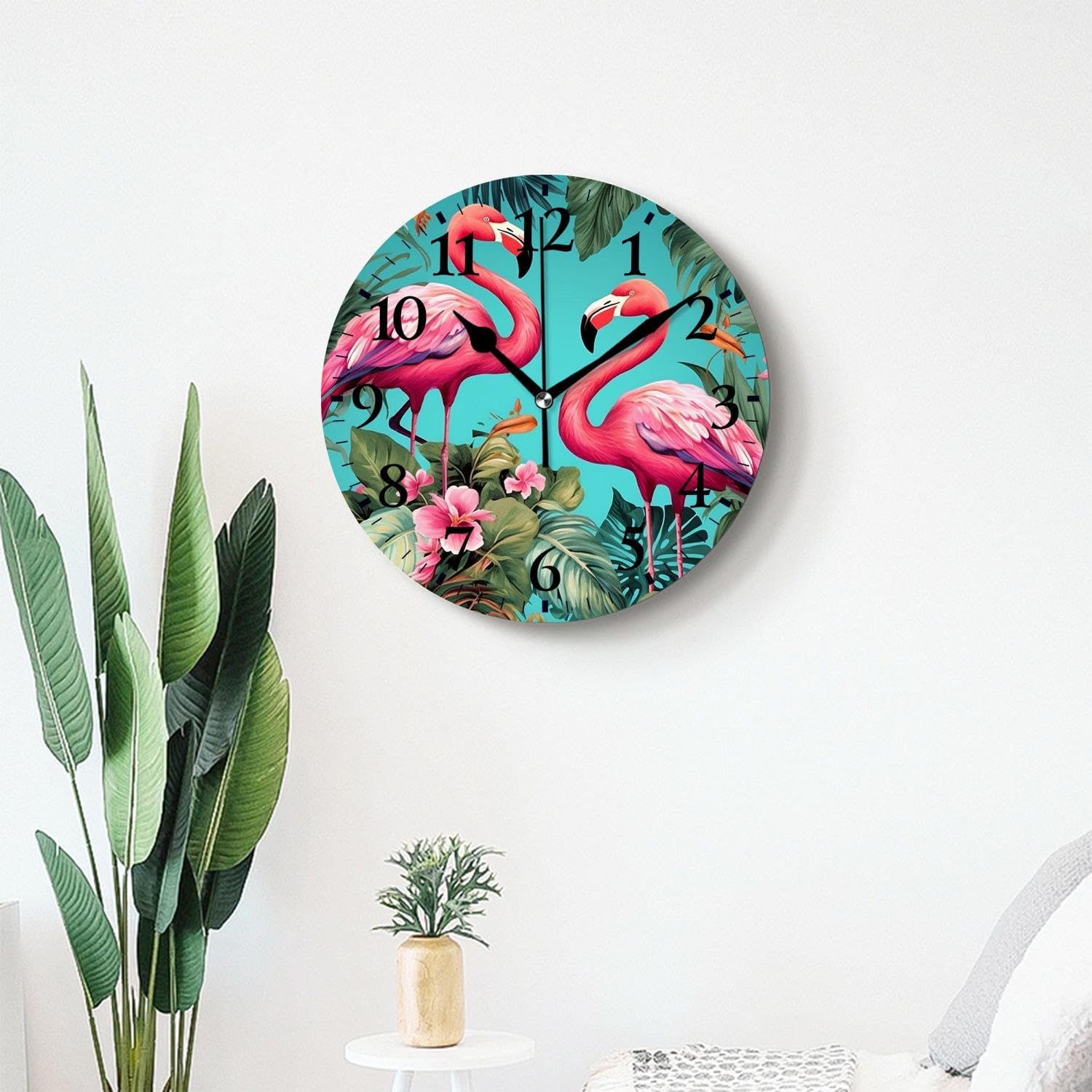 Non-Ticking Sweep Movement Wall Clock Battery Operated Analog Wall Clocks Decorative for Bedroom,Office,Living Room-Vivid Flamingo with Flowers(14inch)