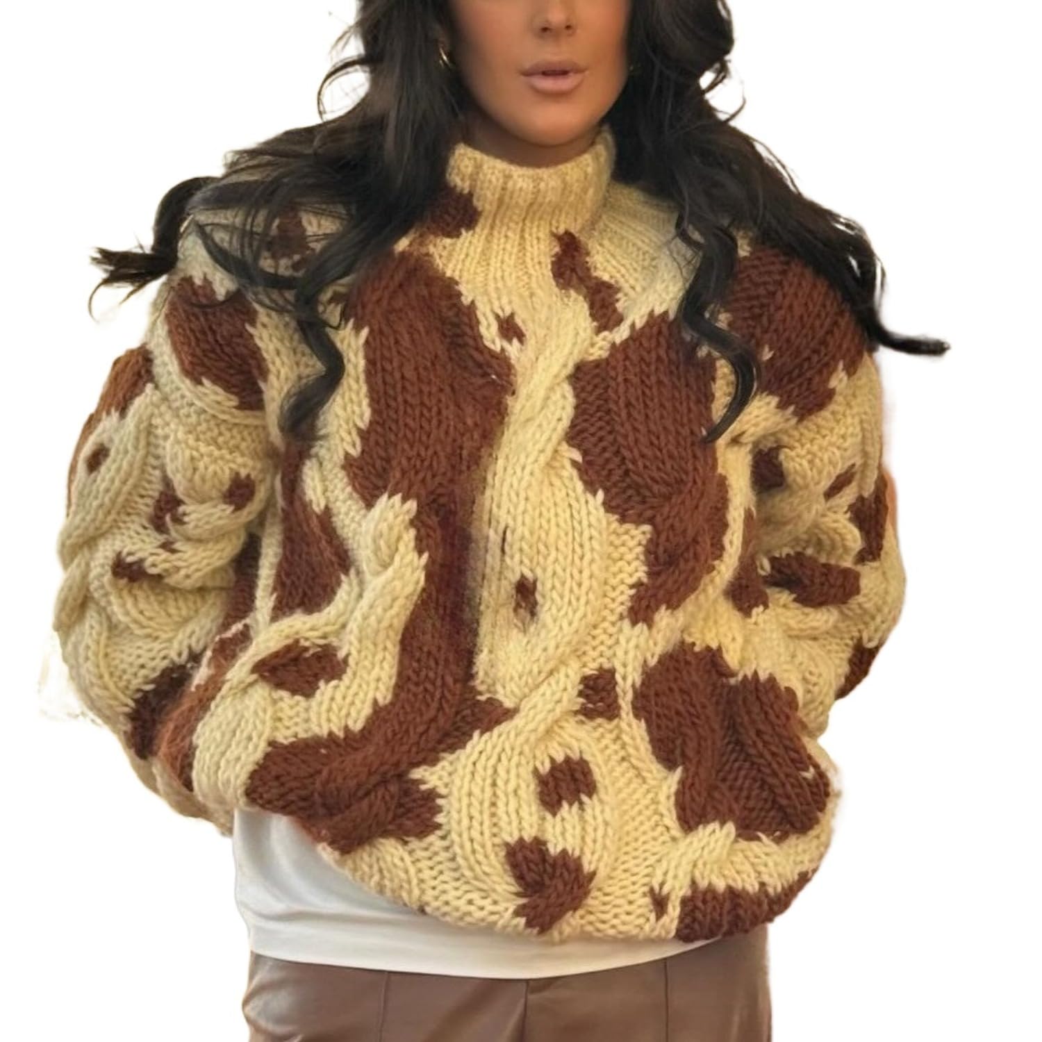 Brown Cow Print Sweater Mock Neck Knit Ribbed Color Block Long Sleeve Pullover Oversized Fall Casual Sweater