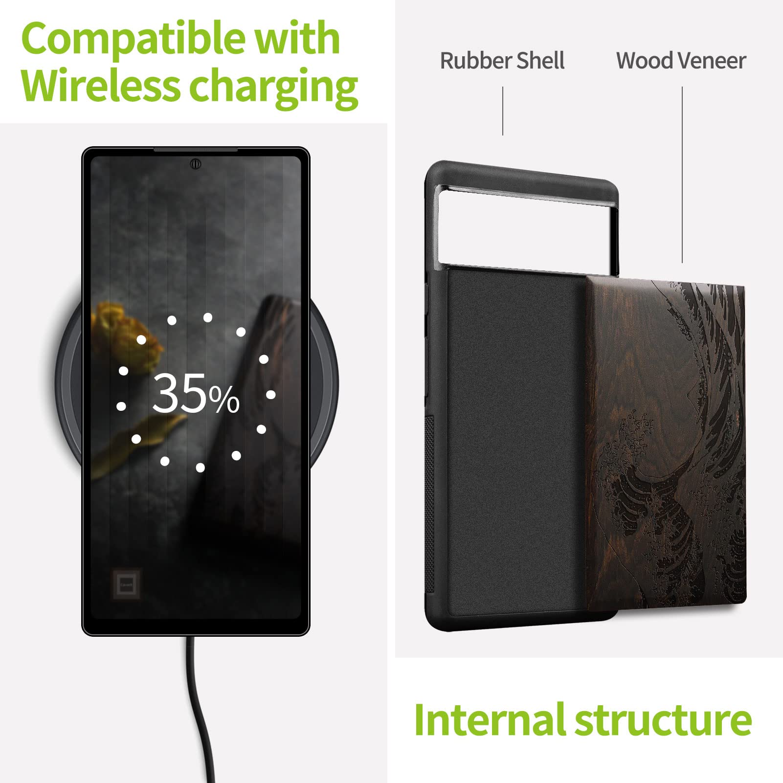 Carveit Custodia per Pixel 8 Cover [Incisione in legno e intarsio di cozze] Capolavoro del design del legno Compatibile con Google Pixel 8 Custodia Lusso (Rosea-Thors martella