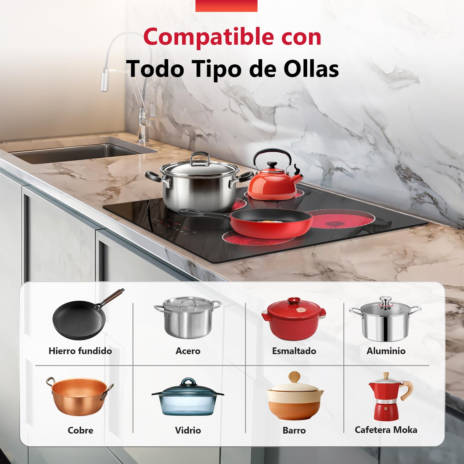 Placa Vitrocerámica 60 cm 4 Zonas, 6000W Placa Eléctrica con Control Táctil, 9 Niveles de Potencia, Temporizador, Pausa, Mantener Caliente, Bloqueo Infantil, Uso Empotrado o Sobremesa