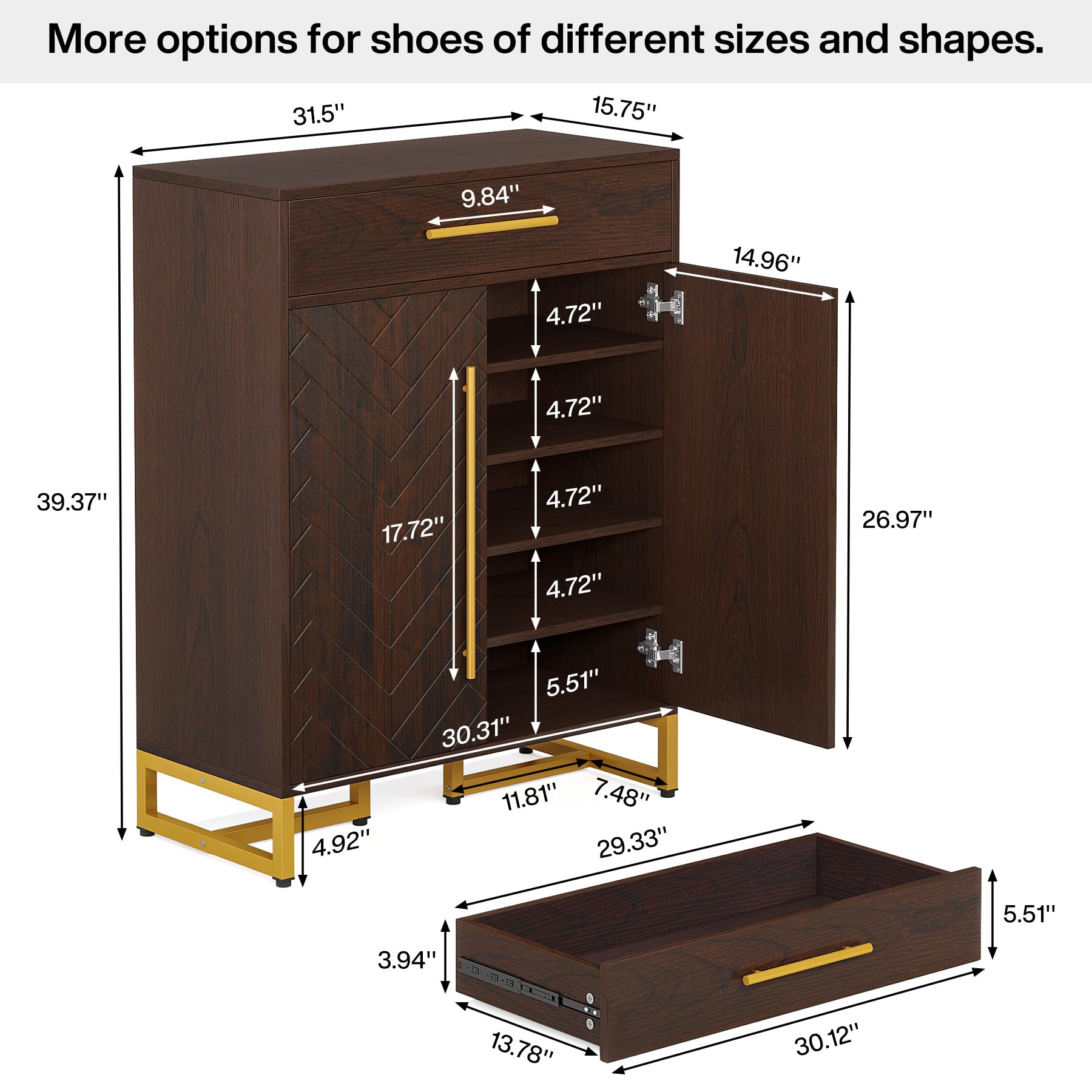 Tribesigns Shoe Cabinet with Doors, 20 Pairs Shoe Storage Cabinet with Drawer for Entryway, Modern Shoe Rack Organizer with Adjustable Shelves for Hallways Bedroom Living Room, Walnut & Gold