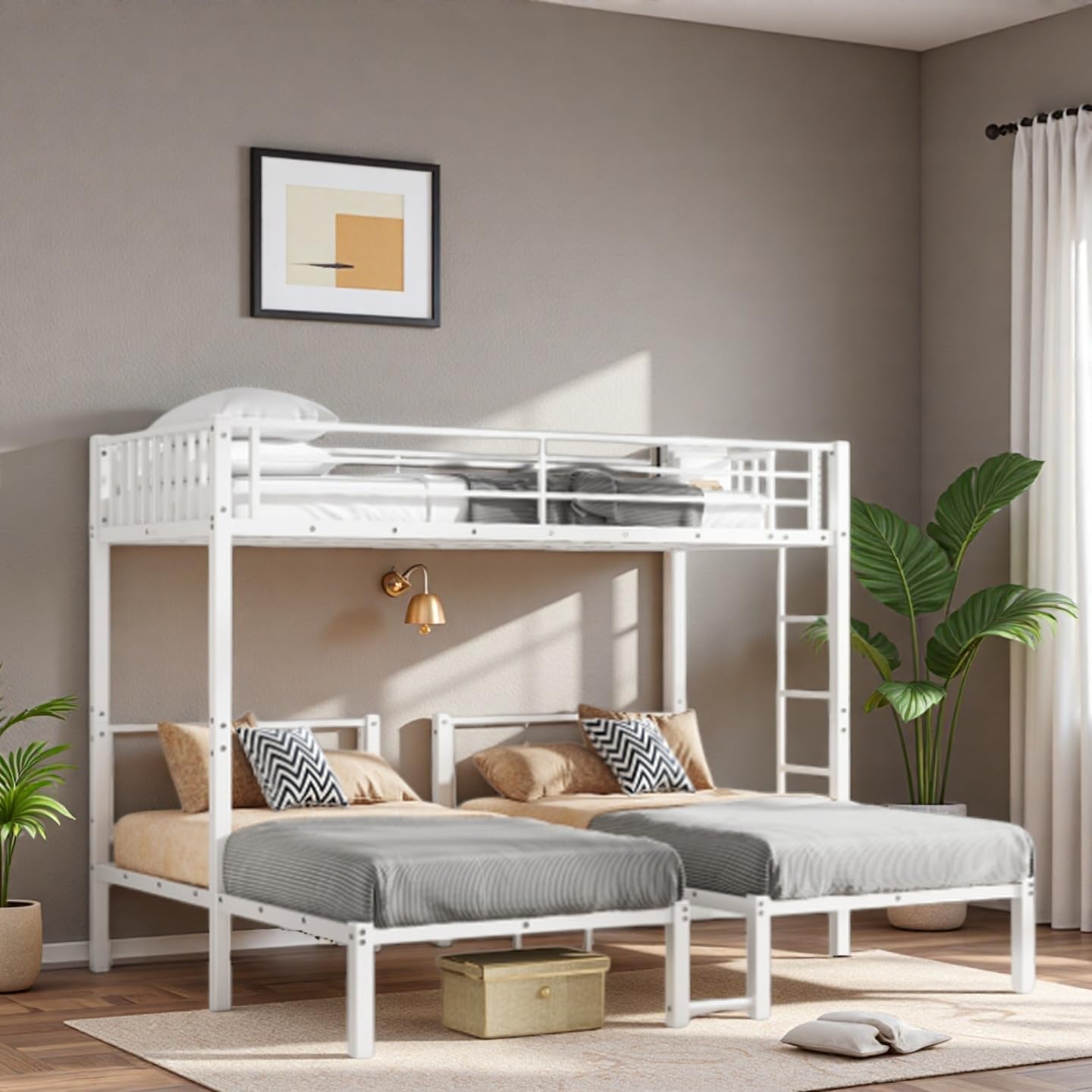 Metal Triple Bunk Bed with Storage, Industrial Twin Over Twin & Twin Triple Metal Bunk Bed Frame, Heavy Duty Bunk Bed Frame with Guardrails and Ladder, No Box Spring Needed, White