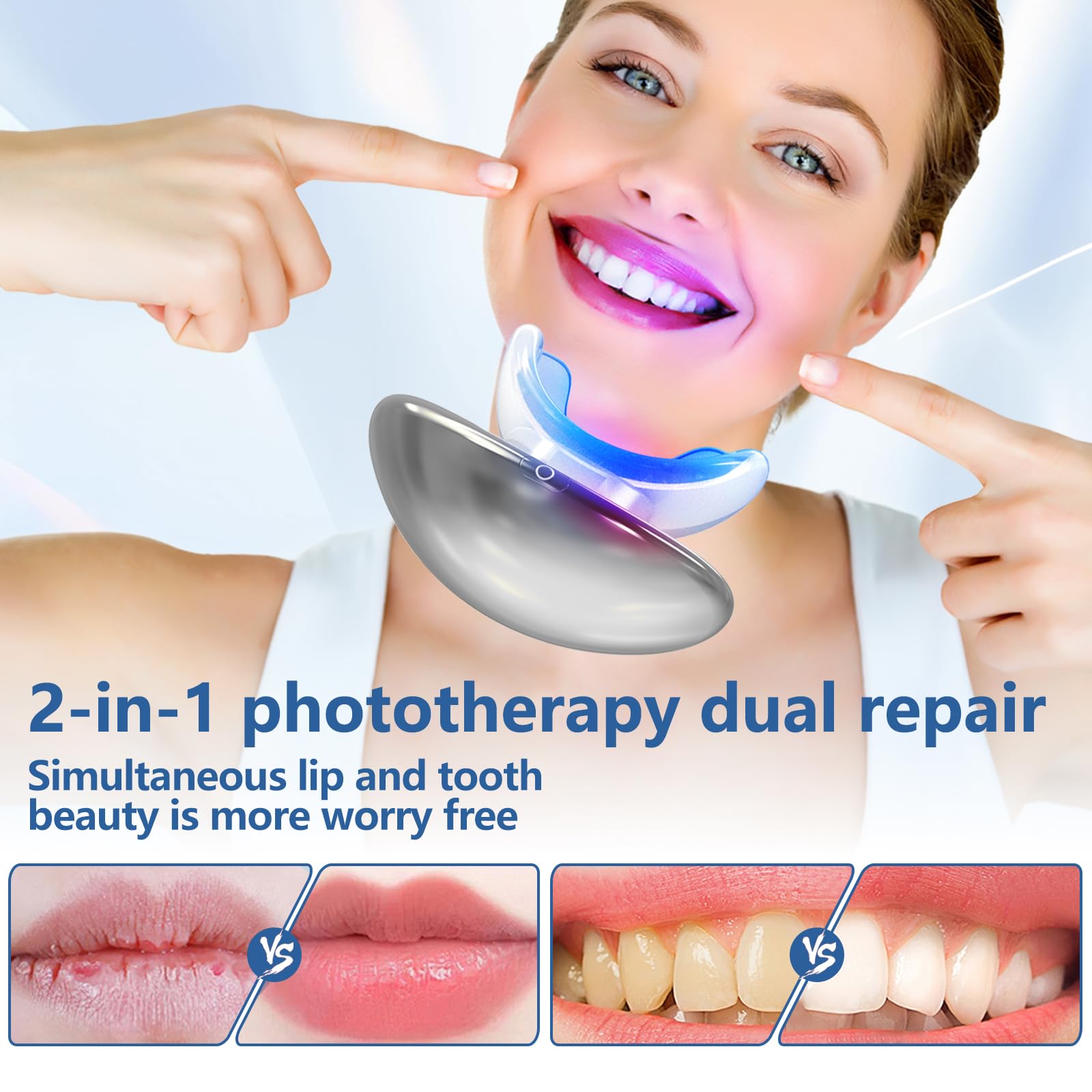 Appareil de thérapie à la lumière rouge, outil 2 en 1 de soin des lèvres et des dents, anti-âge, anti-âge, lisse, rides, blanchiment des dents Blu-ray, lèvres plus pleines et plus éclatantes (argent)