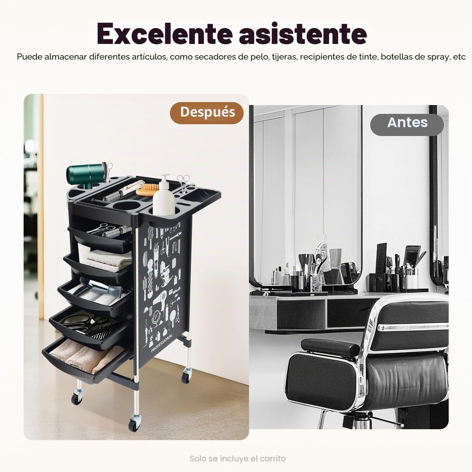 Carrito de peluquería con 5 cajones, accesorio profesional de peluquería, carrito de trabajo con soporte para secador de pelo y cesta colgante, color negro