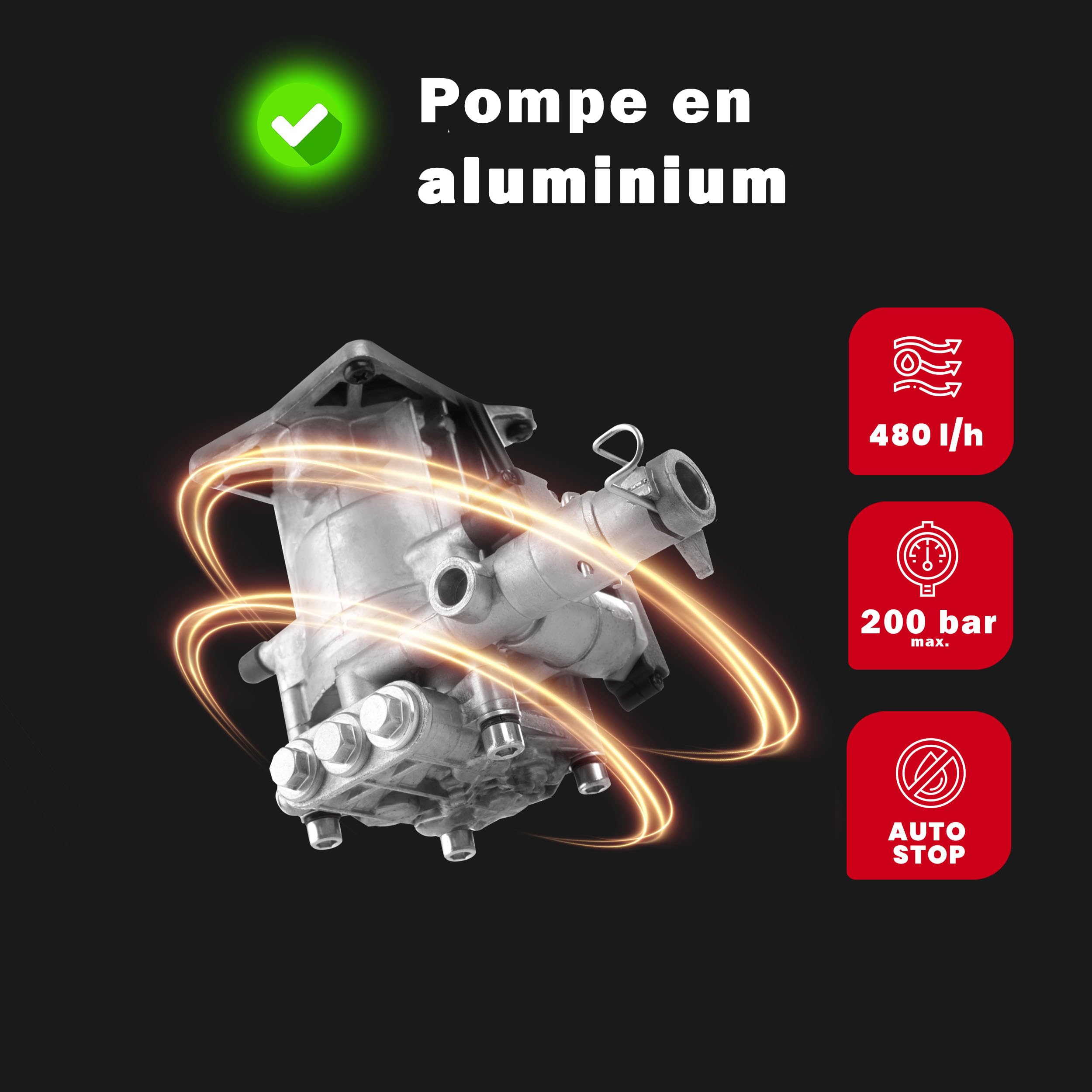 LEHMANN Nettoyeur Haute Pression Jukon, 1600W, Max. 200 Bar, Débit 480 l/h, Tuyau 5m, Pompe Aluminium, Filtre à Eau, Kit D'accessoires - Buse Turbo, Canon à Mousse, Brosse pour Terrasse et Voiture