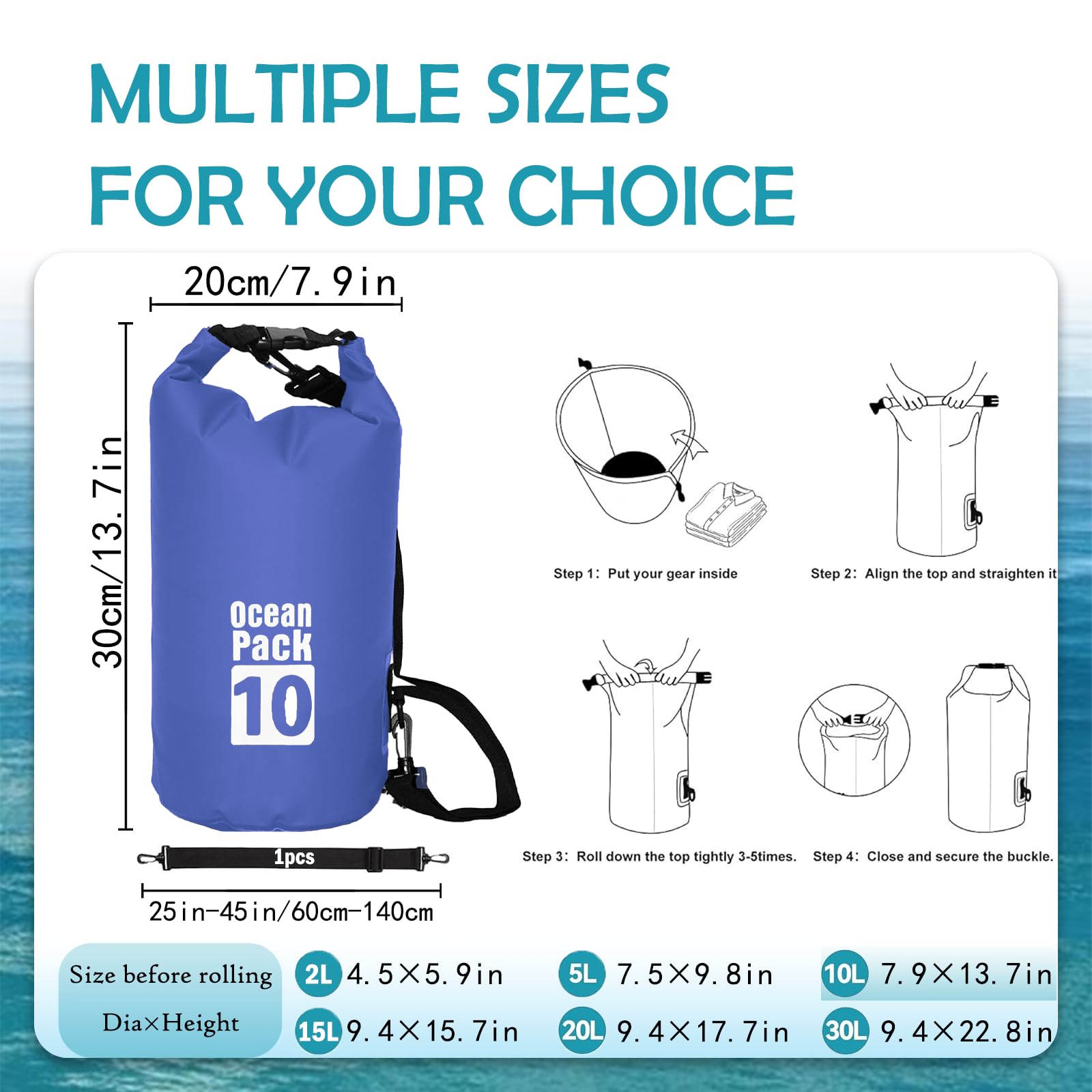 POPOYU 10L Borsa Impermeabile,Blu Waterproof Zaino Impermeabile Sacco Impermeabile con Tracolla Regolabile,2L/5L/10L/15L/20L/30L Dry Bag per Outdoor Sport Acquatici,Barca, Pesca, Rafting, Nuoto