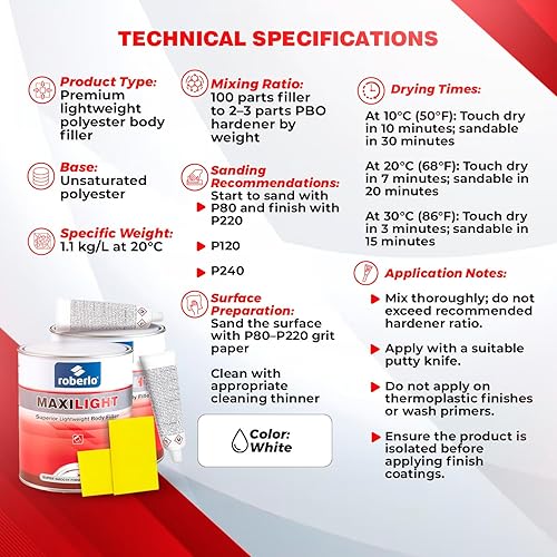 Miniatura 8 de Maxilight - Relleno de cuerpo ligero superior, reparación de abolladuras y arañazos, perfecto en aluminio, acero, zinc, galvanizado y fibra de