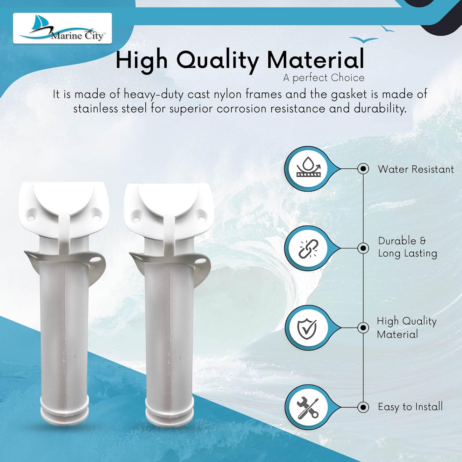 MARINE CITY White Nylon Flush Mount Rod Holder, 30° with Cap Cover and 316 Stainless Steel Gasket for Boats, Marines, Ships, Yachts