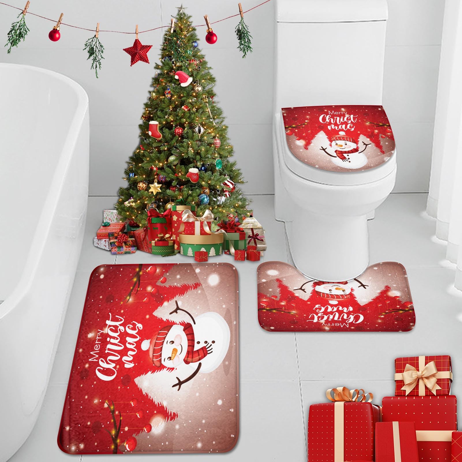 ArtSocket Lot de 3 tapis de salle de bain de Noël antidérapants en mousse à mémoire de forme, en microfibre absorbant - Motif bonhomme de neige - Lavable en machine