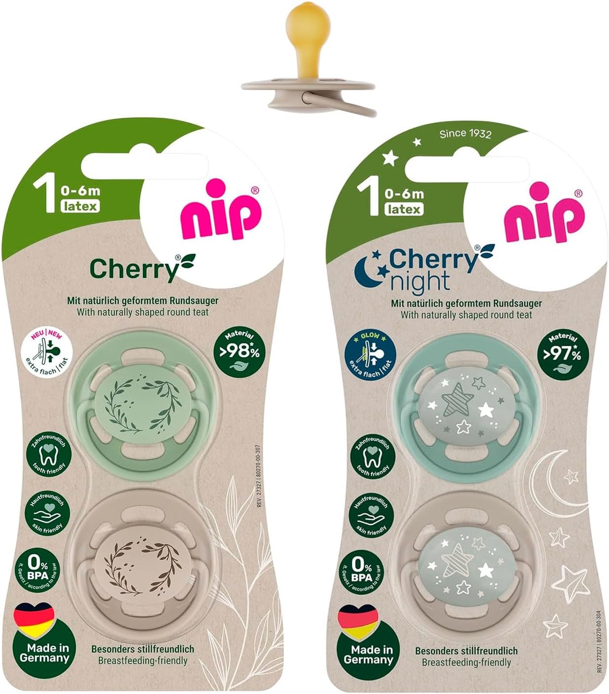 NIP Cherry-Form Latex Dummy 0-6 Months, Pack of 4, Day & Night, Made in Germany