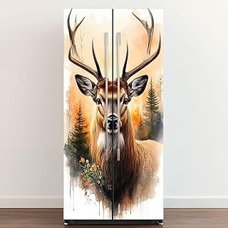 Self Adhesive Vinyl Refrigerator Wrap Set Majestic Stag Antlers Surrounded by Autumn Forest Foliage Door Mural Removable Fridge Sticker Peel and Stick Full Door Cover Kitchen Hunting Cabin Decor
