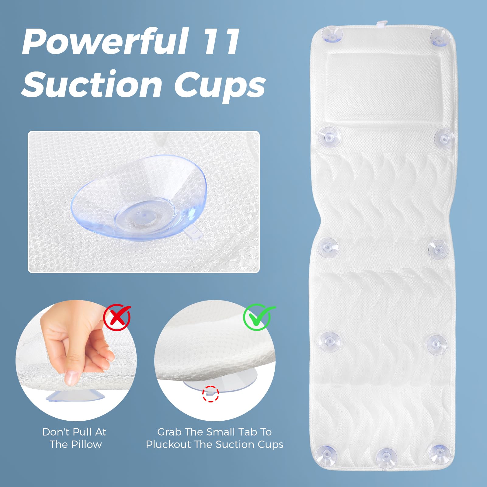 Cojín para Bañera de Cuerpo Entero 123×40 cm para Personas de 160-180 cm de Altura, Alfombrilla para Bañera con Reposacabezas Que Sostiene el Cuello y la Espalda,Agradable para la, Blanco