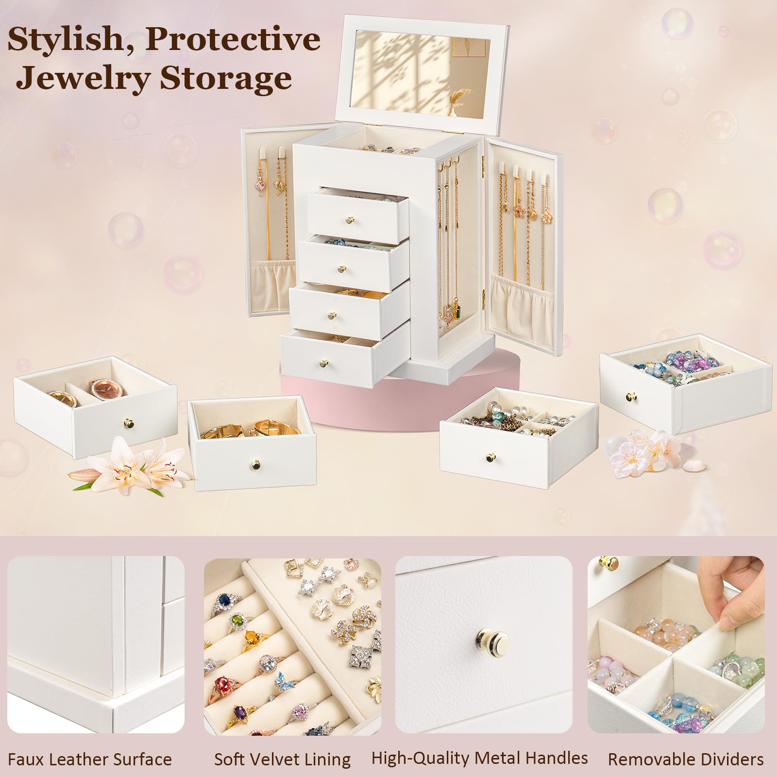 Schmuckkästchen, Schmuckaufbewahrung, Schmuckkasten Groß Leder für Halsketten Ohrringe Armbänder Ringe, 5 Ebenen Schmuck Organizer Schmuckbox mit Schubladen und Spiegel (Weiß)