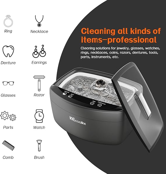 KECOOLKE 2.5L Large Capacity Ultrasonic Jewelry Cleaner with Degas, Heating and Time Setting 160 Watts Powerful Double Transducers for Jewelry Ring Silver Coins for Gifts