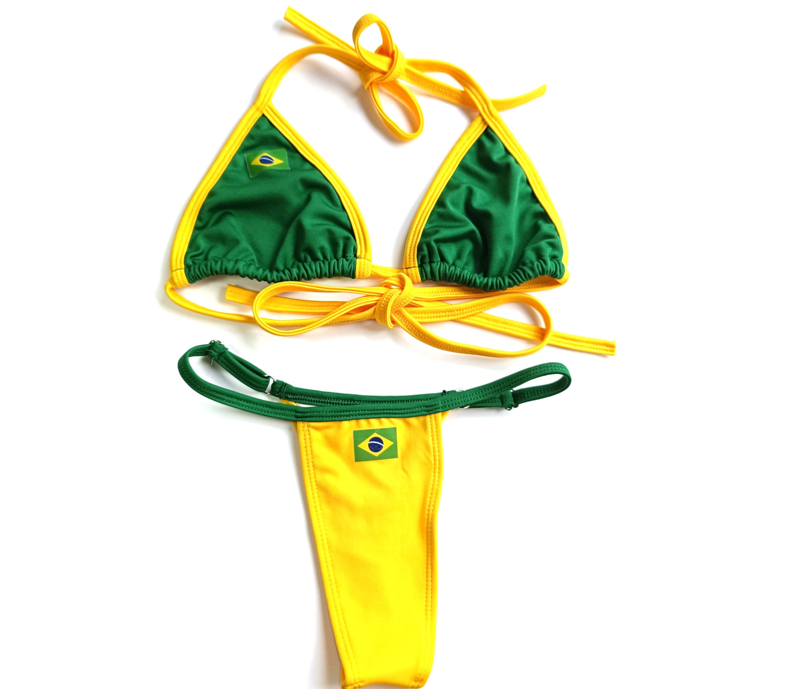 Bikini brésilien sexy avec micro string fio dentaire, vert et jaune, coupe ajustée