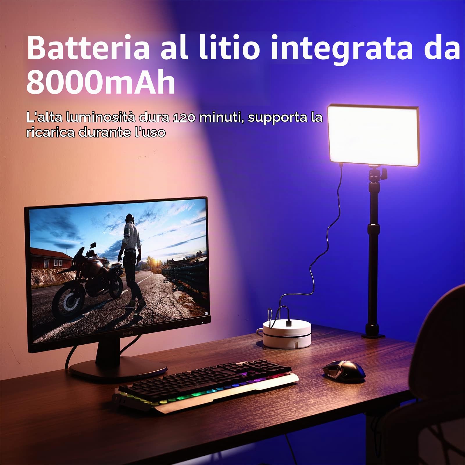 ULANZI LT003 Luce video RGB, pannello LED portatile da 15W con 2100 lumen, luce video da 10” dimmerabile da 2500K a 9000K, batteria incorporata da 8000mAh e caricatore USB, per fotocamere DSLR video