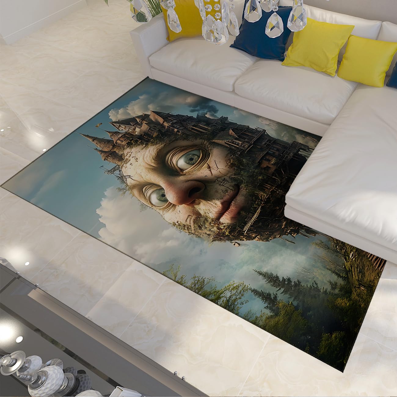 Dywan o wymiarach 140 x 200 cm, zmywalny, fantazyjna wyspa twarzy, niski