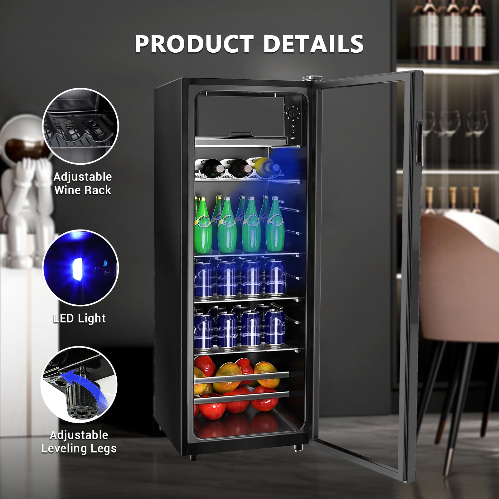 Borcolo Beverage Refrigerator, 180 Can Mini Fridge Glass Door For Soda, Beer Or Wine With LED Light, Temperature Control, Compact Mini Bar Adjustable Removable Shelves For Home/Office 4.8 Cu.Ft on Fridge.com - View 2