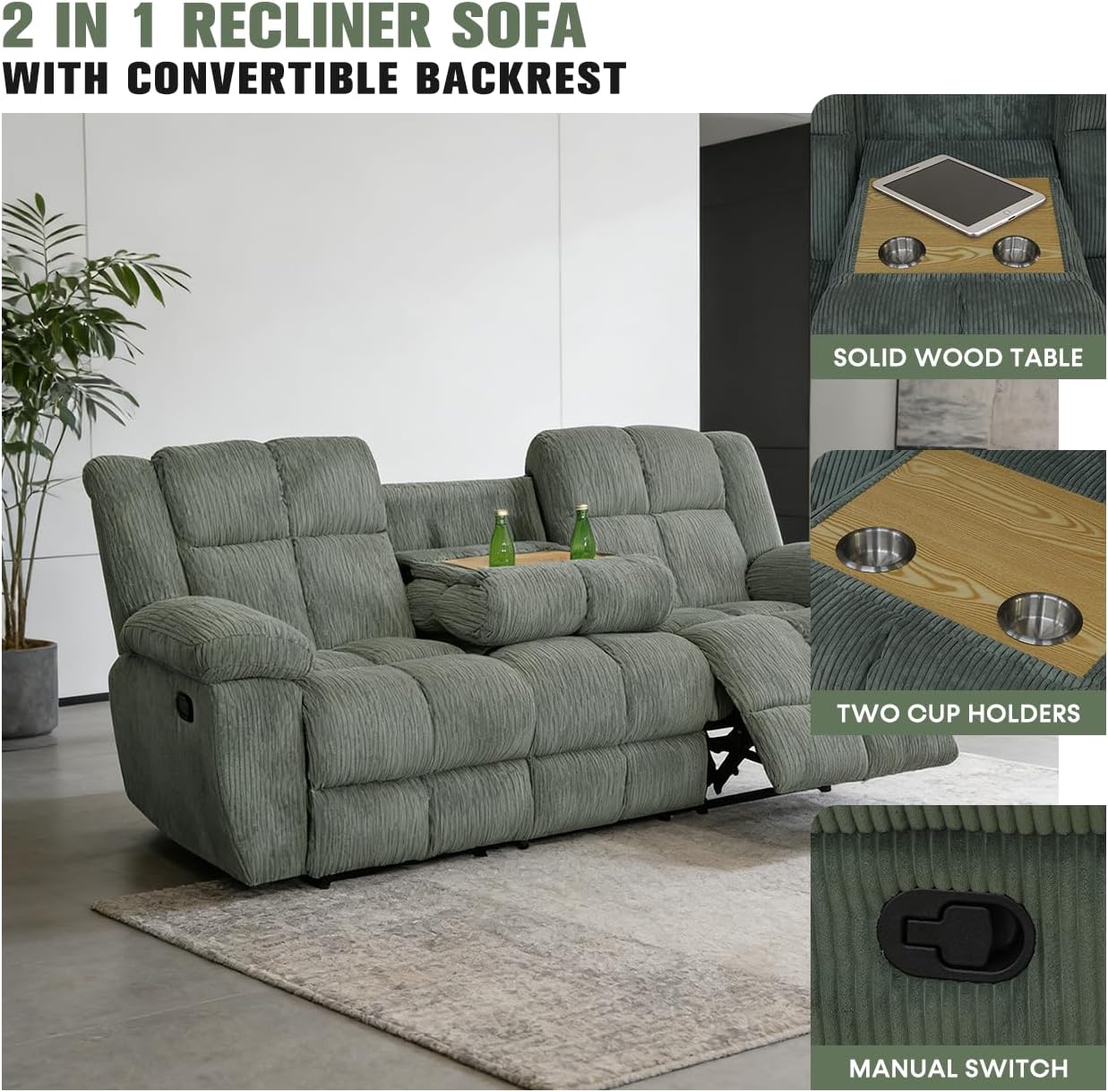 Manual Recliner Sofa Set,Corduroy Reclining Living Room Furniture Set,Convertible Lounge Sofa,Reclining Loveseat with Storage Consoloe,Single Recliner for House/Office(Green Corduroy,3+2+1)