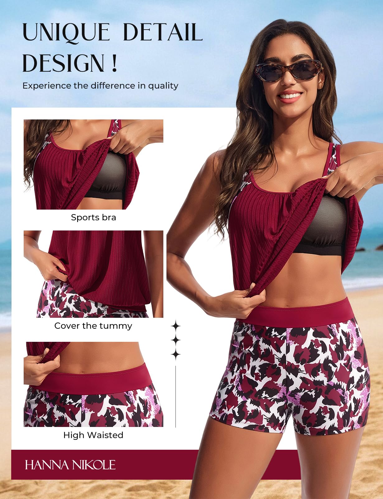 Hanna Nikole Tankini sportivo da donna, per il tempo libero, costume da bagno a due pezzi, motivo floreale, top imbottito con pantaloncini
