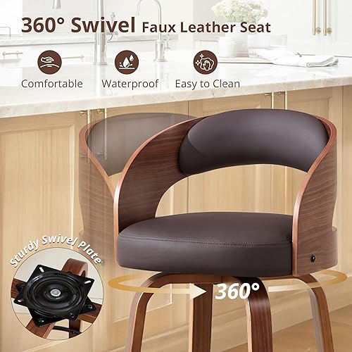 Miniatura 3 de Juego de taburetes de bar giratorios de piel sintética de 1,26 pulgadas, taburete de bar tapizado de altura de mostrador con respaldo, silla de bar