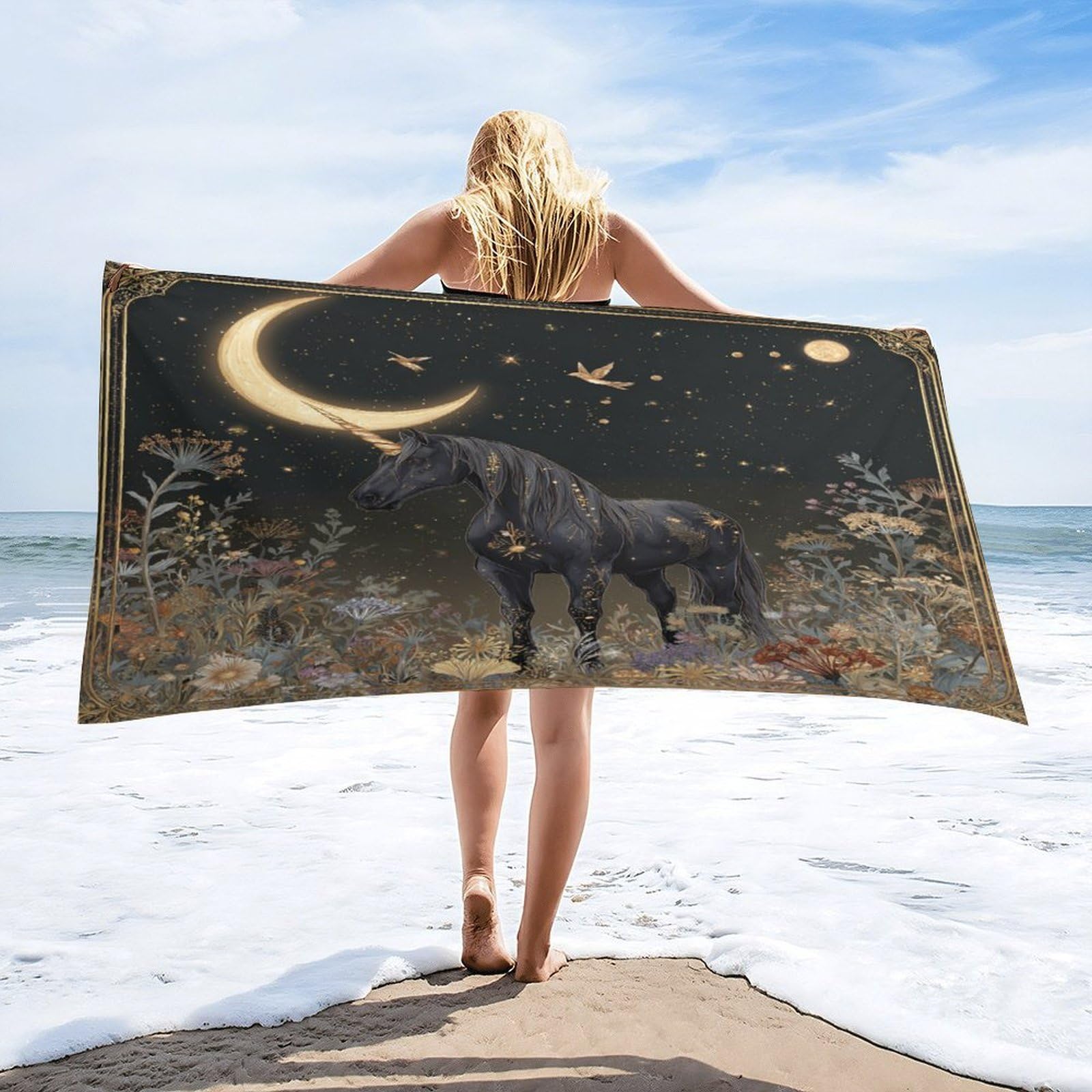 Luyysky Mid Century Retro Fantasy Unicorn Absorbent Beach Towel, Rustic Boho Watercolor Botanical Plant Flowers Animal Butterflies Outdoor Single-Sided Velvet Beach Towel-80 W Cm X 160" L Cm