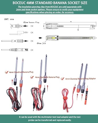 Heavy Duty Wire Piercing Probe Insulation Piercing Clip Set Push on 4mm Push Banana Plug Multimeter Test Leads Multi Testers Needle Accessories