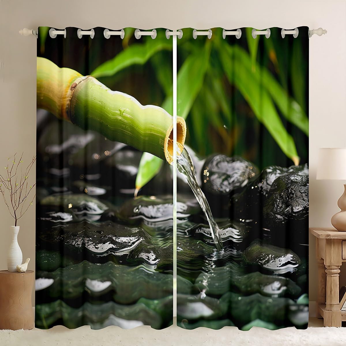 Feelyou Zen Stones Pattern Curtain Meditation Blackout Curtains() for Bedroom Tranquil Nature Artwork Darkening Window Dreapes Zen Spiritual Green Window Treatments Decor (2 Panels, 52 x 63 Inch)