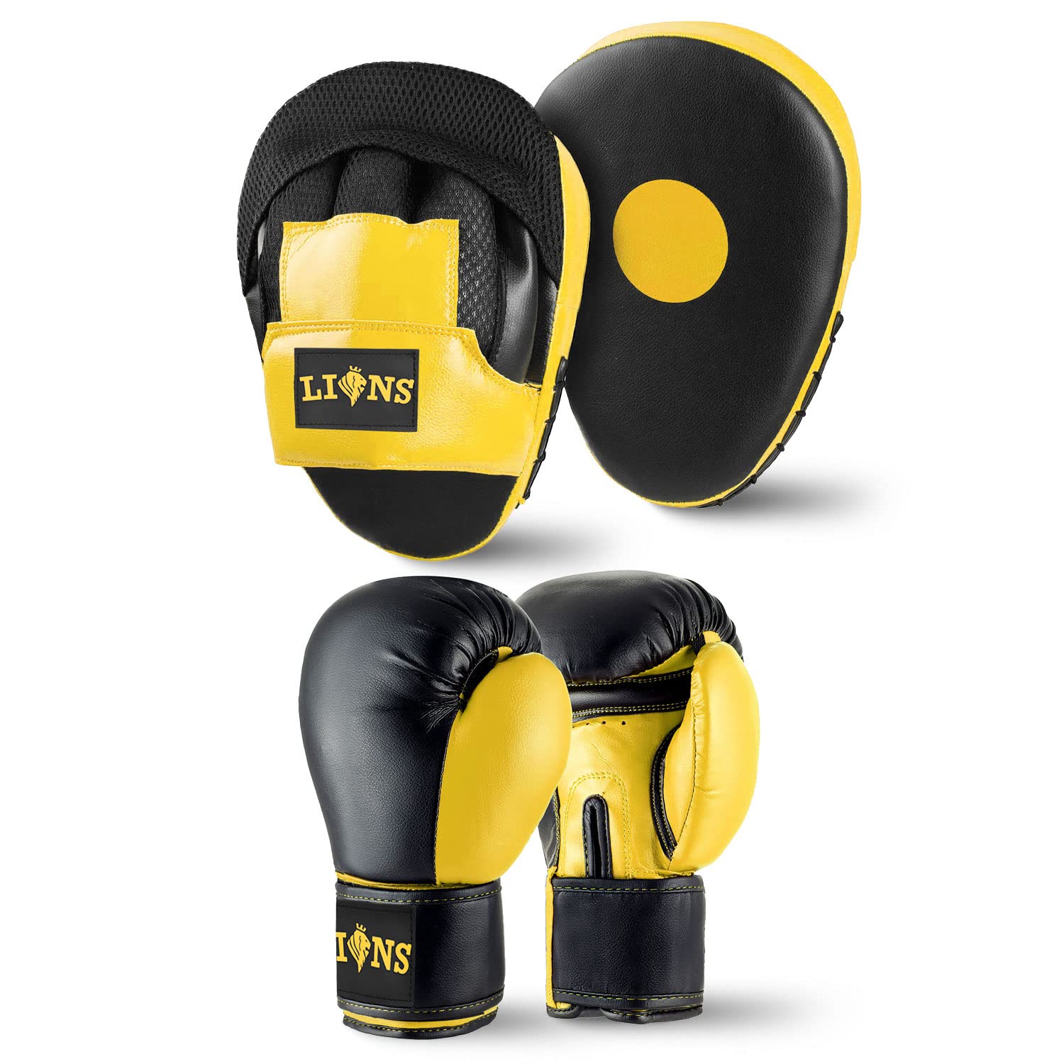 Lions Focus Pads and Gloves Set - Boxing Hook and Jabs Sparring Punch Martial Arts MMA Punching Mitts Muay Thai Kickboxing Coach Glove Sets for Men Women (INJECTION - YELLOW, 10OZ)