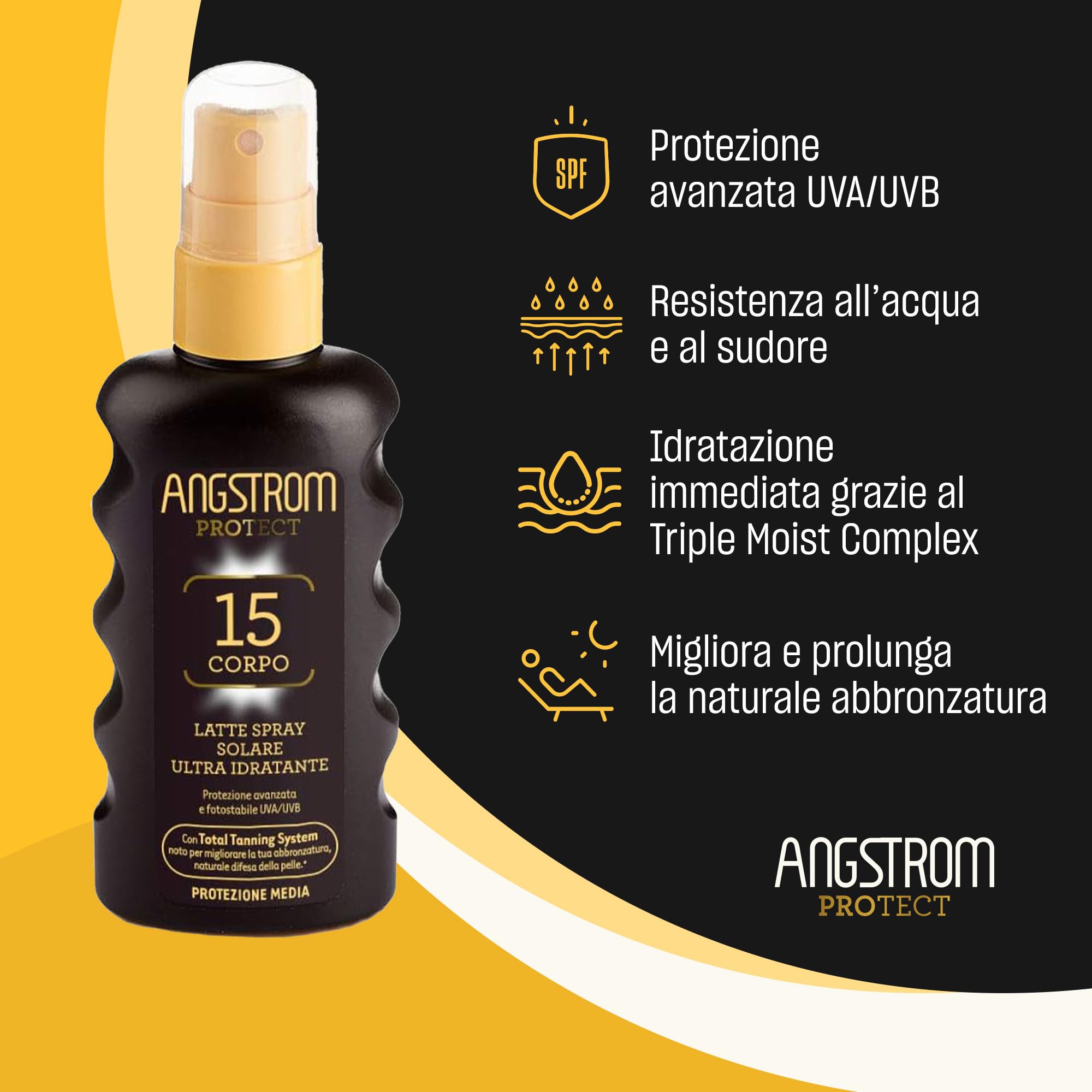 Angstrom Protezione Corpo Latte Spray Solare Ultra Idratante, con Filtri Solari UVA/UVB, Total Tanning System per Migliorare la Naturale Abbronzatura, Dermatogicamente Testato, 175 ml