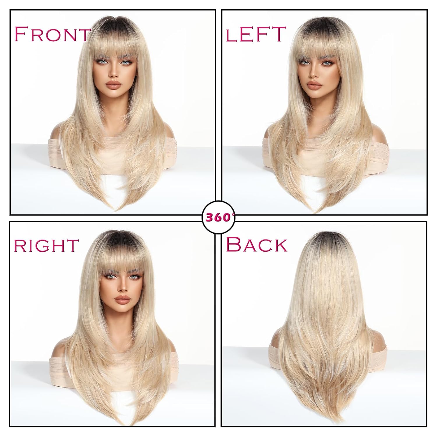 Blonde Wigs 24Inch Human Hair Long Straight with Bangs for Women Layered Lightweight Ombre Dark Roots Natural Looking Party - Image 4