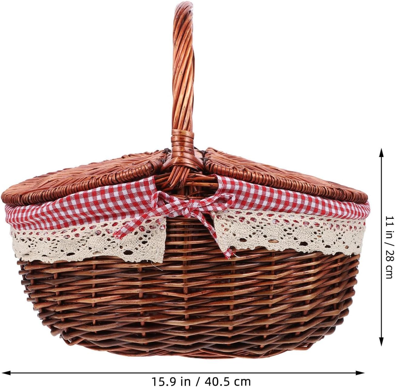 UKCOCO Woven Picnic Basket with Lid and Handle, Handcrafted Wicker Storage Basket for Fruit and Vegetables, Red Checkered Portable Picnic Holder for Outdoor Camping and Grocery Shopping