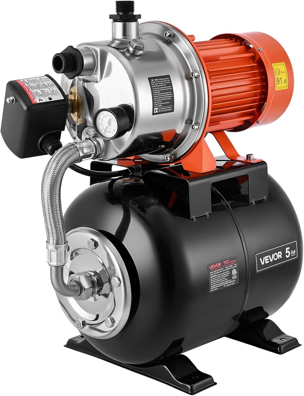 VEVOR 1.6 HP Shallow Well Pump with Pressure Tank, 120V 1320 GPH, Stainless Steel Irrigation Jet Pump with 5-Gal Pressure Tank, Automatic Water Booster System, for Home Garden Lawn, Potable Water