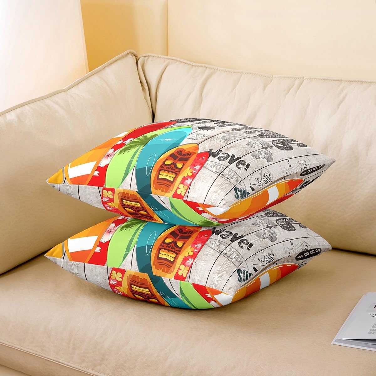 Colorful Surfboards Pillow Covers Ocean Holiday Party Pillow Cases Wood Texture Cushion Cover for Livng Room Hawaii Coconut Tree Black Pillowcase 24x24 Inch,Set of 2