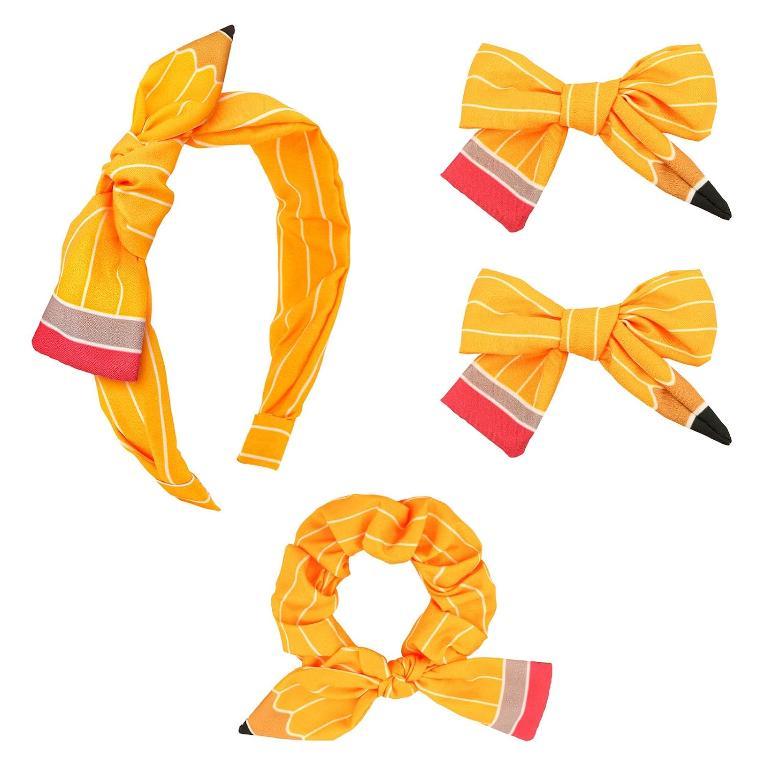 4PCS Back to School Pencil Hair Clips Headband Set Yellow Bow Hair