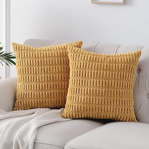 Fancy Homi 2 Packs Mustard Yellow Decorative Throw Pillow Covers 18x18 Inch for Living Room Couch Bed Sofa, Soft Striped Corduroy Square Cushion Case 45x45 cm, Rustic Farmhouse Boho Home Decor