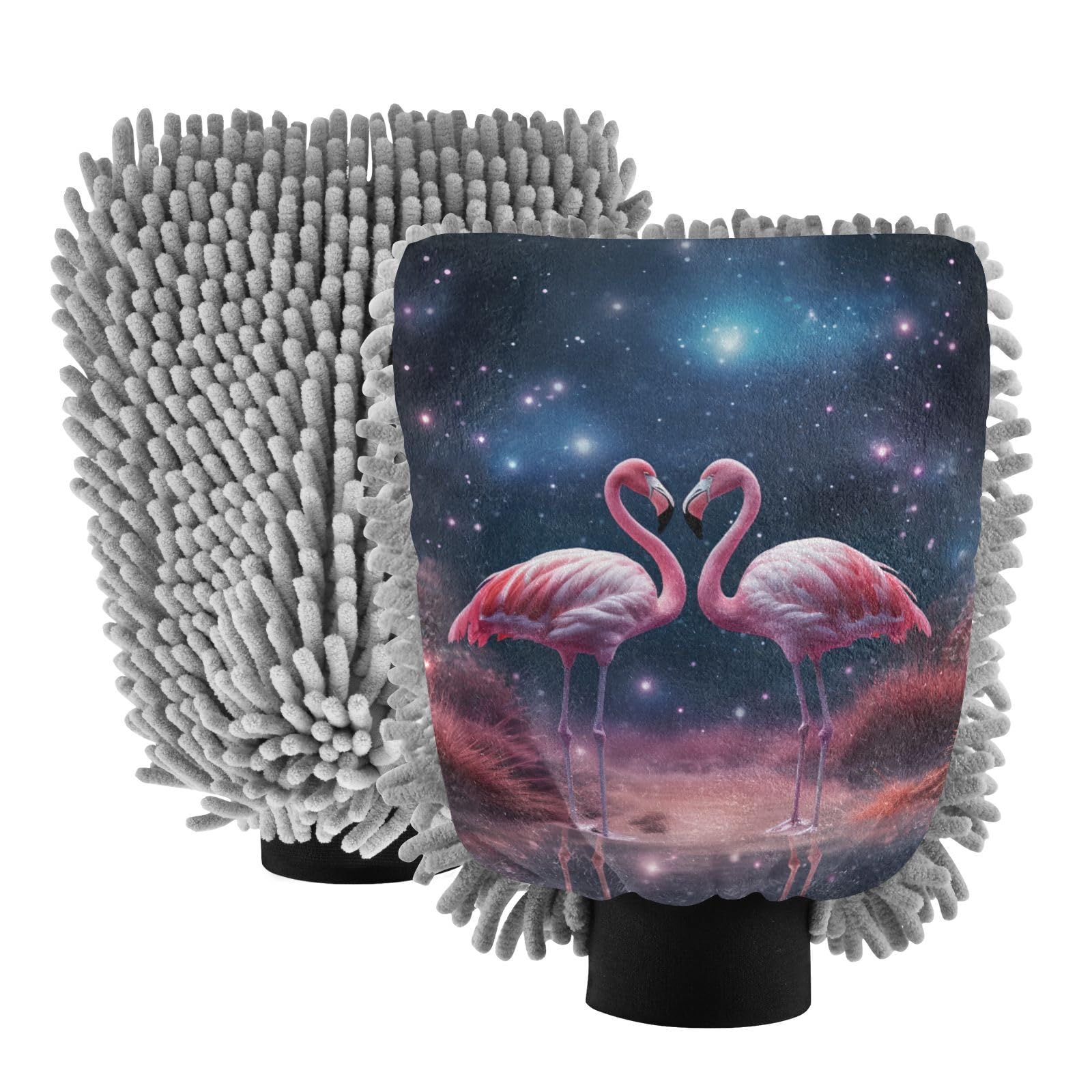 IOACIY Absorbent Microfiber Car Wash Drying Mitts, 2 Pack, Scratch-Free & Lint-Free, Rich Foam, Highly Absorbent, Double Sided, Wash Mitt Perfect for Car Washing, L, Flamingo Under The Starry Sky