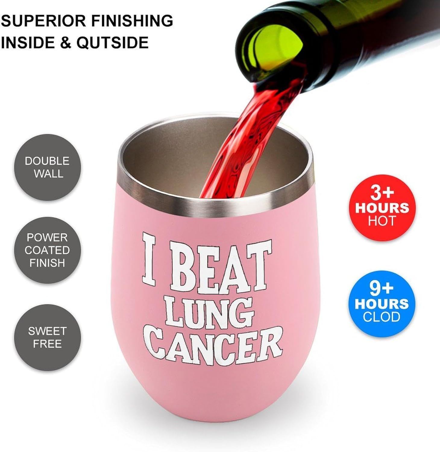 I Beat Lung Cancer Insulated Drinking Cup Stainless Steel Coffee Mug Wine Tumbler with Lid 12OZ