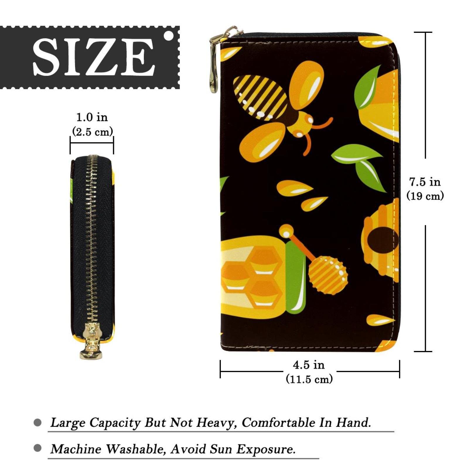 Cartera larga de cuero con cremallera y patrón de abejas, Varios colores, 20.5x2.5x11.5cm/8.07x1x4.53 in, Classic